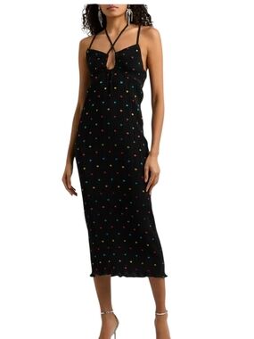 NWT Never Fully Dressed Megan Plissé Dress L Blk Metallic Polka Dot Maxi Halter